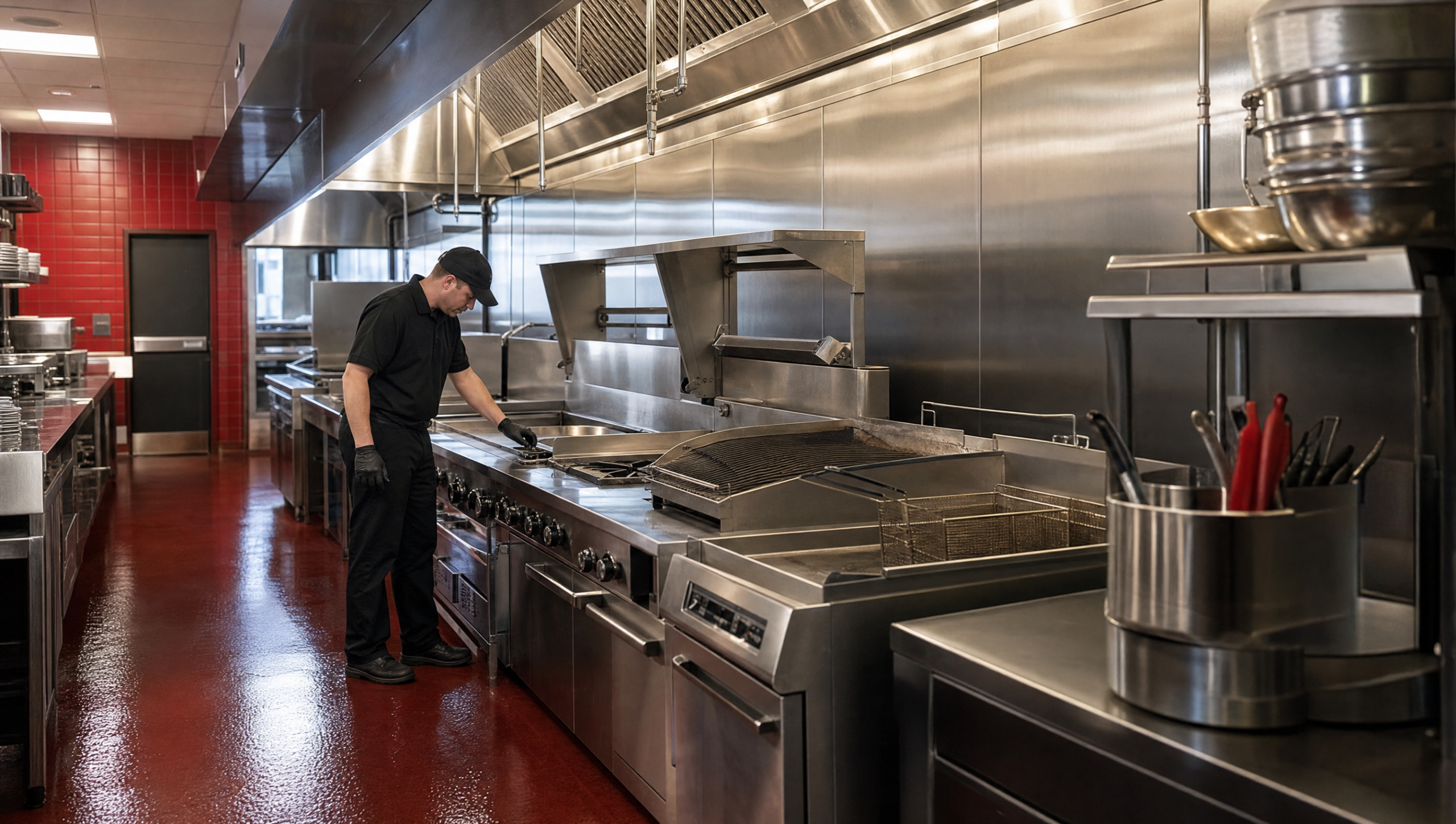 Florida Kitchen Services technician working in a commercial restaurant kitchen